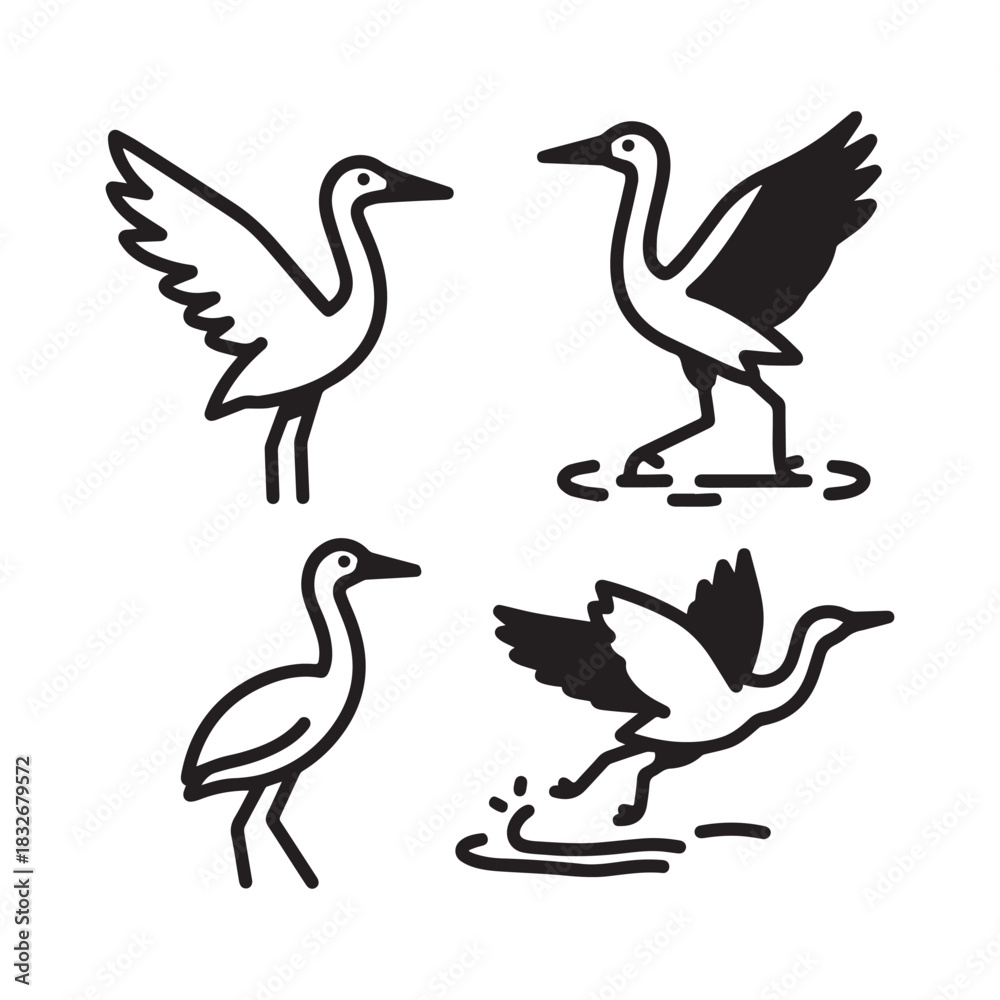 Fototapeta premium Bird Silhouettes, Elegant Heron and Crane Vector Illustrations. 
