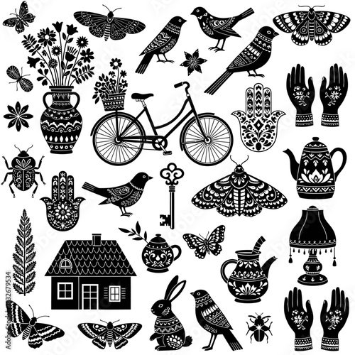 Intricate Folk Art Monochrome Pattern: Scandinavian-Inspired Black and White Decorative Elements