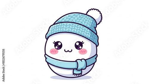 Cute cartoon kawaii snowman wearing a blue knitted winter hat with a pompom and a matching scarf with rosy cheeks and sparkling eyes isolated on a white background