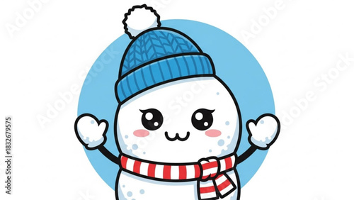 Adorable cartoon snowman wearing a blue knitted hat and a red and white striped scarf waving with a cheerful expression and rosy cheeks isolated on a light blue circular background