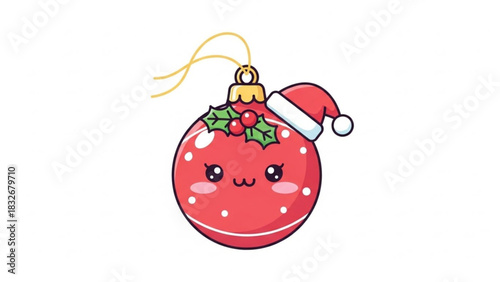 Adorable kawaii red christmas ornament with a santa hat and holly decoration smiling with cute eyes and rosy cheeks on a white background