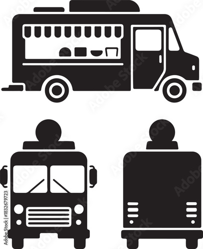 food truck silhouette icons set side, front, and rear views vector illustration