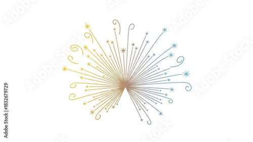 A radiant burst of stylized golden and blue starbursts and swirling lines emanates from a central point creating a dynamic and celebratory abstract design