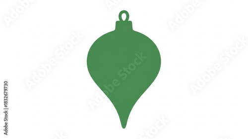A single green christmas ornament with a teardrop shape and a loop for hanging isolated on a white background representing holiday decorations and festive celebrations