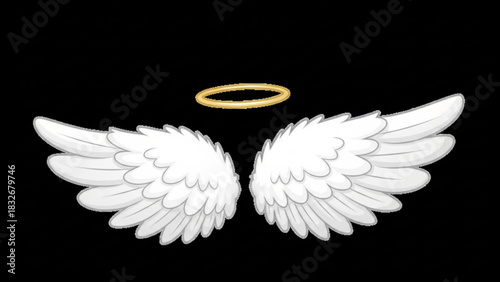A pair of stylized white angel wings with a golden halo floating above isolated on a black background representing purity and divinity
