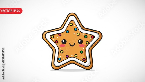 Cute kawaii star shaped cookie with colorful sprinkles and happy face illustration