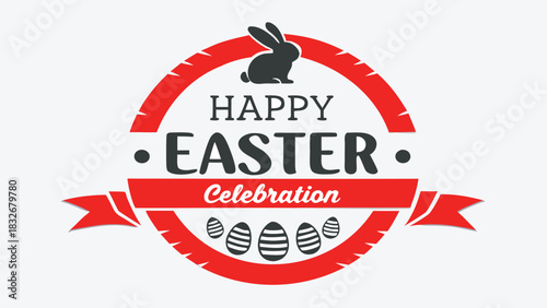 Happy easter celebration with a silhouette rabbit and striped eggs in a red circular emblem with ribbon accents