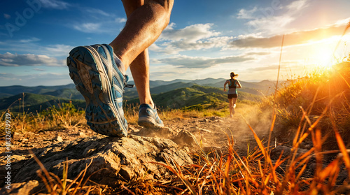 Endurance and determination concept with athletes trail running on a mountain path during a beautiful golden sunset.