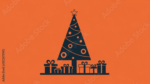 A minimalist dark blue silhouette of a decorated christmas tree with a star on top and several gift boxes at its base set against a vibrant orange background