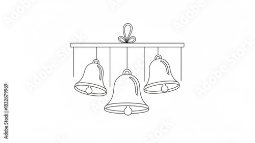 A simple line art illustration of three classic bells hanging from a horizontal bar tied with a bow on a white background