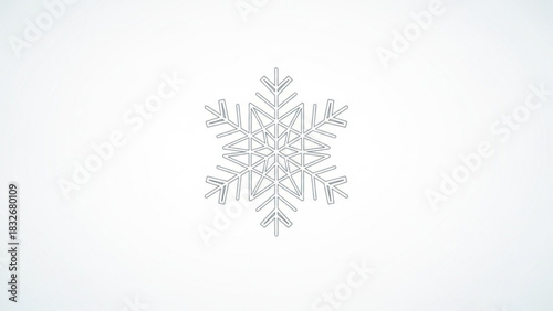 A delicate geometric snowflake outline design with intricate crystalline patterns on a clean white background representing winter and cold