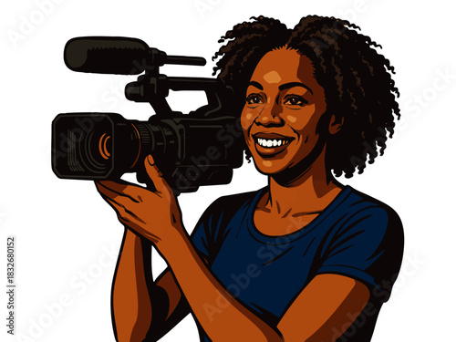 woman filming with a professional video camera, ideal for media and production themes. vector colorful pop art illustration.