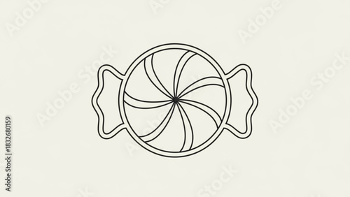 A simple black and white line art illustration of a round swirled hard candy wrapped in cellophane on a light cream background