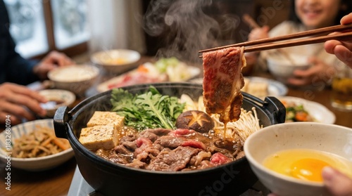 Family eating Sukiyaki hot pot dipping beef in raw egg