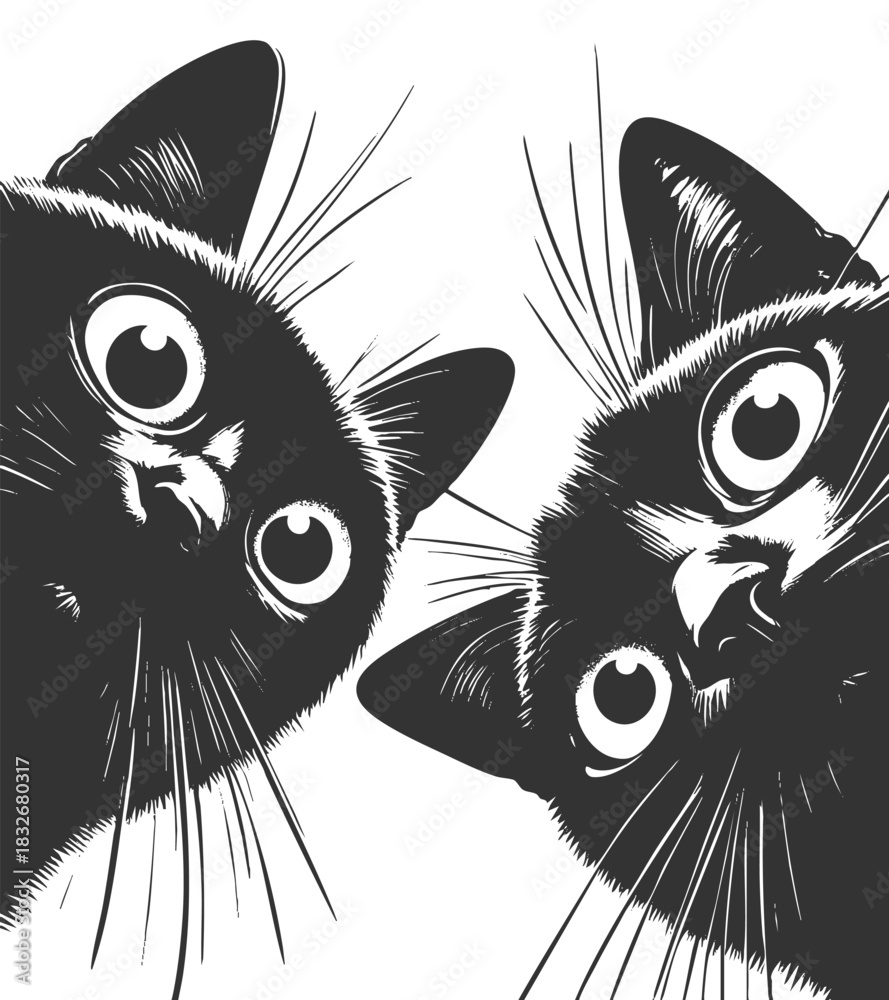 Fototapeta Adorable group of curious black cats with big eyes peering downward sketch engraving generative ai fictional character vector illustration. Scratch board imitation. Black and white image.