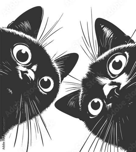 Adorable group of curious black cats with big eyes peering downward sketch engraving generative ai fictional character vector illustration. Scratch board imitation. Black and white image.
