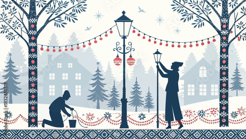 Cheerful winter scene depicts people decorating town with festive lights for the holidays and winter celebrations