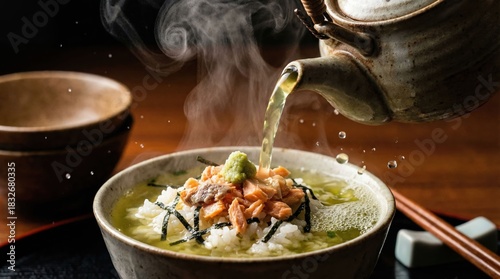 Pouring green tea on Salmon Ochazuke rice bowl with splash