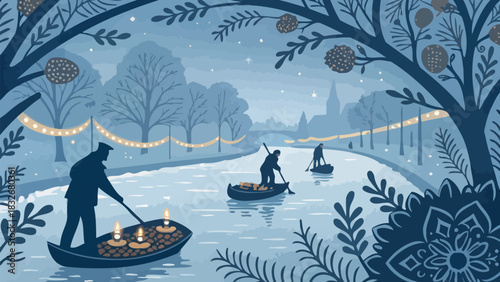 Enchanting blue canal scene with glowing lights, boats, and silhouetted figures in a festive winter landscape