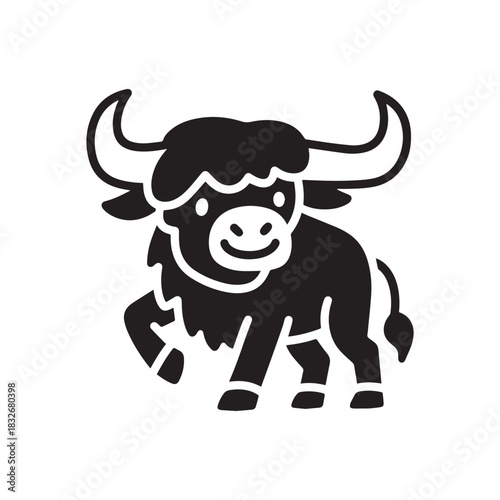 Bold cartoon yak silhouette with strong horns and friendly expressive stylized features.