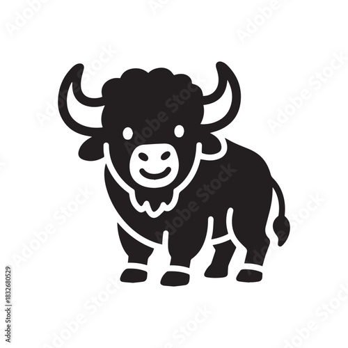 Bold cartoon yak silhouette with strong horns and friendly expressive stylized features.