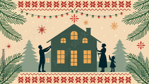 Charming family decorates their cozy home for Christmas with lights and festive cheer in winter wonderland