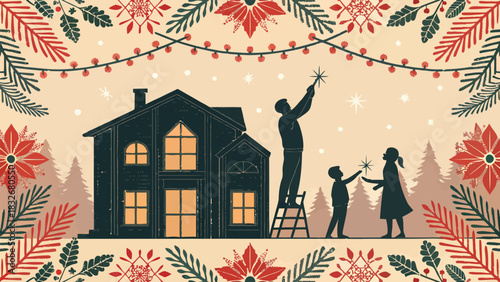 Festive family decorates their home for Christmas with lights and a star, creating a warm holiday scene