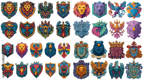 Decorative heraldic shield illustration set featuring lions, eagles, phoenixes and ornate emblems with bold colors. Perfect for fantasy themes, medieval design and noble crest concepts.