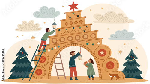 Festive holiday preparation with family decorating charming Christmas tree lantern lights and warm cheerful spirit