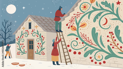 Charming winter mural painting bringing festive folk art to village homes under a starry moonlit sky