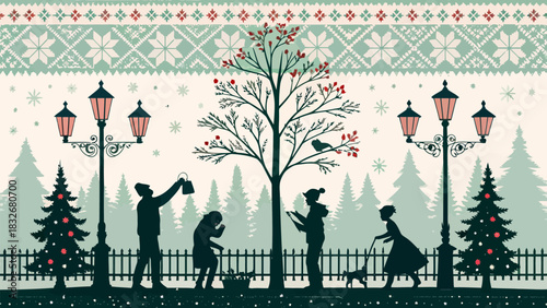 Winter park scene with people, trees, and vintage streetlights evokes holiday cheer, a serene Christmas card
