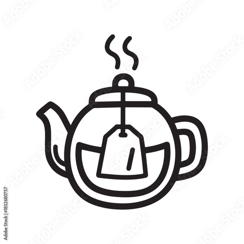 Classic Teapot Outline, Steaming Hot Beverage Icon with Tea Bag. 