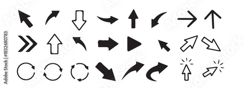 Collection of black arrow icons including various pointers mouse cursors and refresh symbols design element