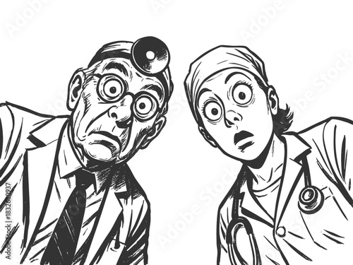 two doctors staring downward with exaggerated, wide-eyed expressions of shock and surprise sketch engraving generative ai fictional character vector illustration. Scratch board. Black and white image.