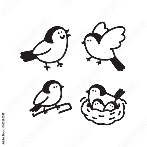 Cute Birdie Cartoon Set, Singing, Flying, Perching, and Nesting Illustrations.