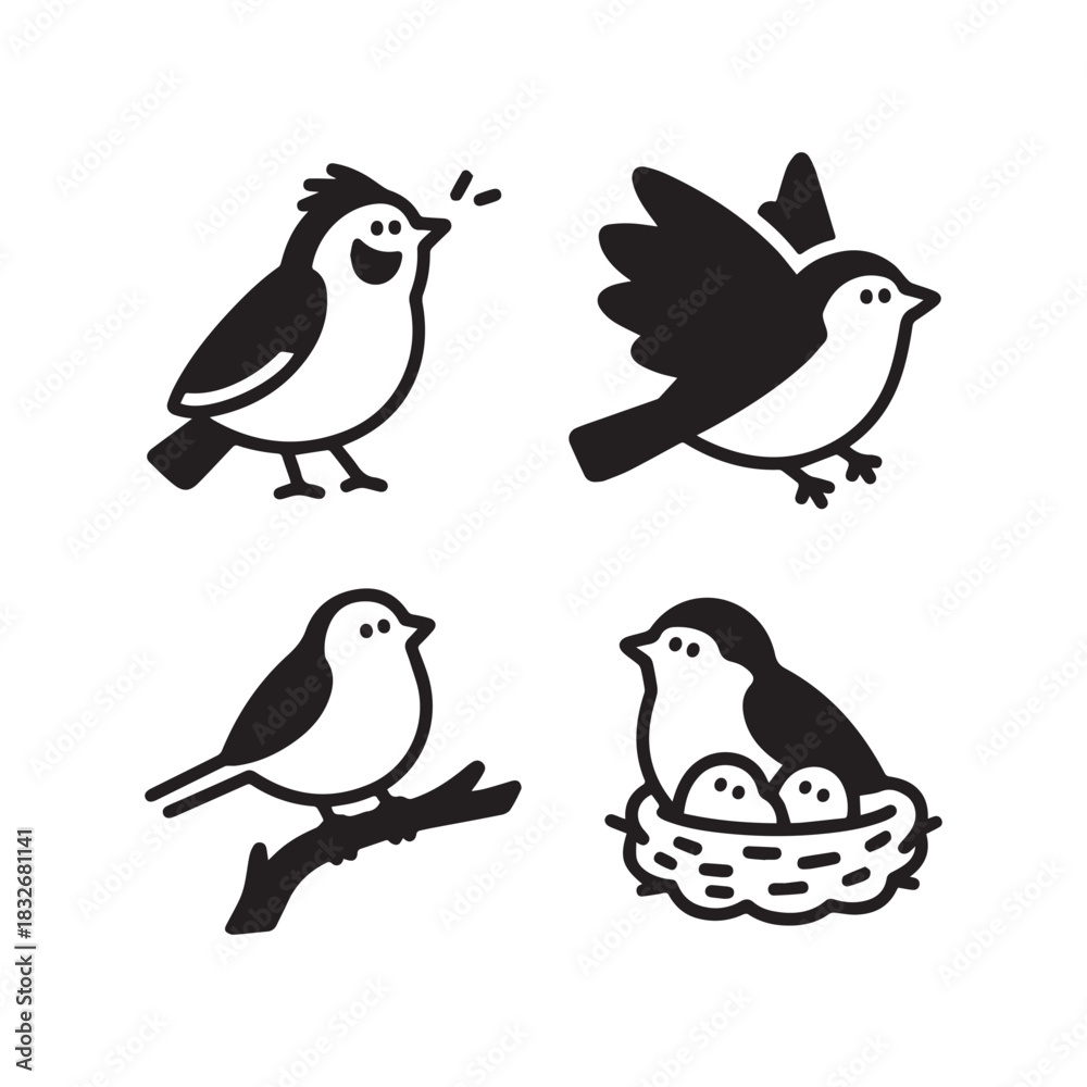 Fototapeta premium Cute Birdie Cartoon Set, Singing, Flying, Perching, and Nesting Illustrations.