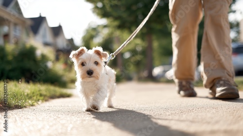 Fototapeta Naklejka Na Ścianę i Meble -  Dog enjoys a leisurely walk on a sunny day in a quiet neighborhood