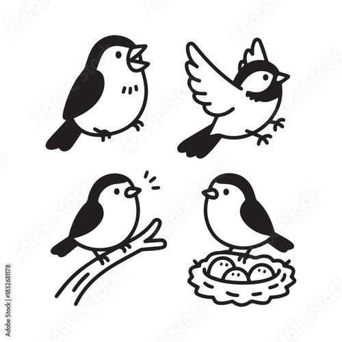 Cute Birdie Cartoon Set, Singing, Flying, Perching, and Nesting Illustrations.