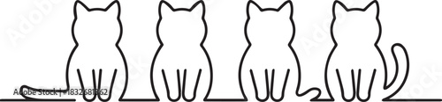 cat simple line profile of four sitting cats with tail