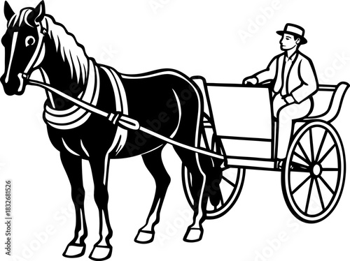 A black and white line drawing depicts a horse-drawn carriage. The main subject is a dark-colored horse, positioned in the right half of the frame, facing the viewer in a three-quarter view. It’s wear