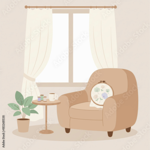 Cozy embroidery chair by the window