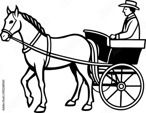 A black and white line drawing depicts a horse-drawn carriage. The main subject is a dark-colored horse, positioned in the right half of the frame, facing the viewer in a three-quarter view. It’s wear