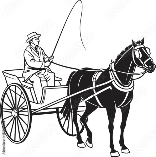 A black and white line drawing depicts a horse-drawn carriage. The main subject is a dark-colored horse, positioned in the right half of the frame, facing the viewer in a three-quarter view. It’s wear