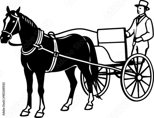 A black and white line drawing depicts a horse-drawn carriage. The main subject is a dark-colored horse, positioned in the right half of the frame, facing the viewer in a three-quarter view. It’s wear