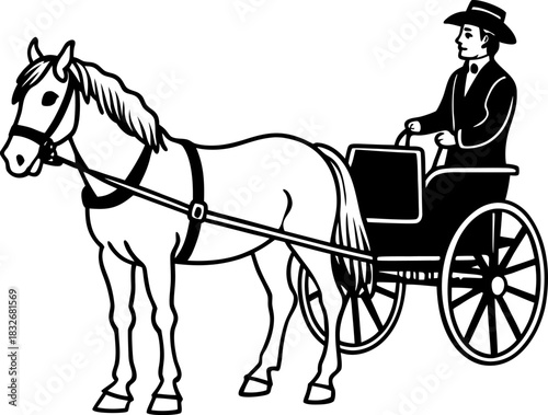 A black and white line drawing depicts a horse-drawn carriage. The main subject is a dark-colored horse, positioned in the right half of the frame, facing the viewer in a three-quarter view. It’s wear