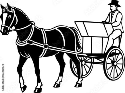 A black and white line drawing depicts a horse-drawn carriage. The main subject is a dark-colored horse, positioned in the right half of the frame, facing the viewer in a three-quarter view. It’s wear