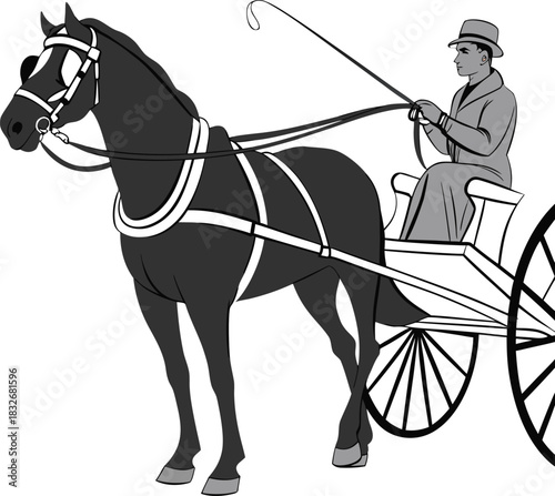 A black and white line drawing depicts a horse-drawn carriage. The main subject is a dark-colored horse, positioned in the right half of the frame, facing the viewer in a three-quarter view. It’s wear
