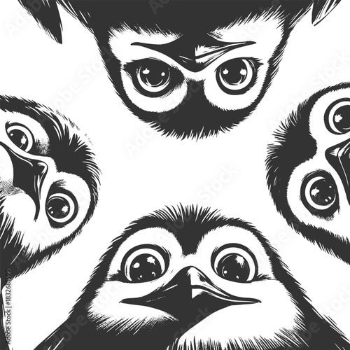 adorable penguins staring downward with wide-eyed, curious, and surprised expressions sketch engraving generative ai vector illustration. Scratch board imitation. Black and white image.