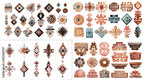 Tribal geometric symbol illustration set with bold patterns, ethnic motifs and decorative symmetrical shapes. Ideal for cultural design themes, craft projects and creative ornament concepts.