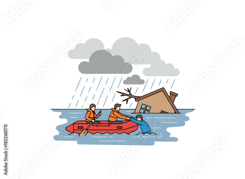 Rescuers in an orange raft navigate a flooded area with heavy rain and dark clouds, assisting a person in the water near a partially submerged house and a fallen tree, vector illustration.